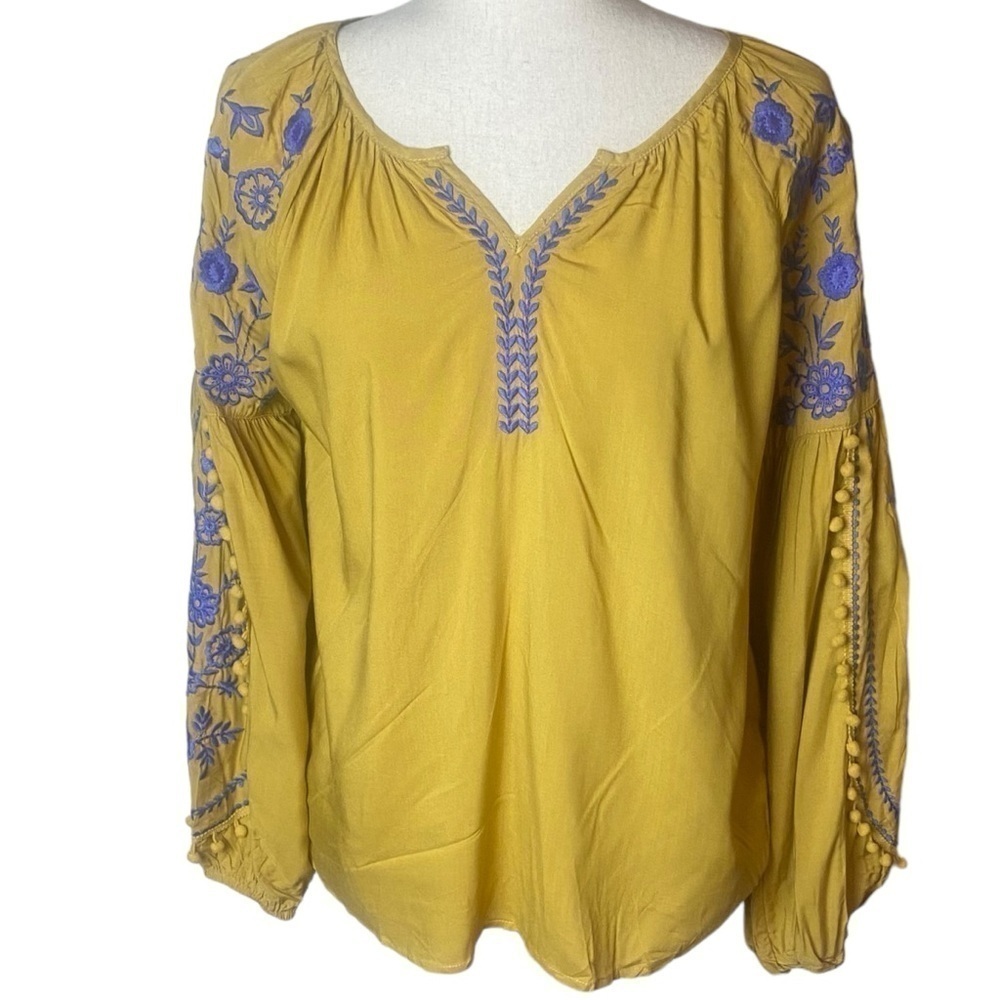 women's Mustard Yellow Boho Floral Embroidered Pom Pom Sleeve Blouse Top 20-817